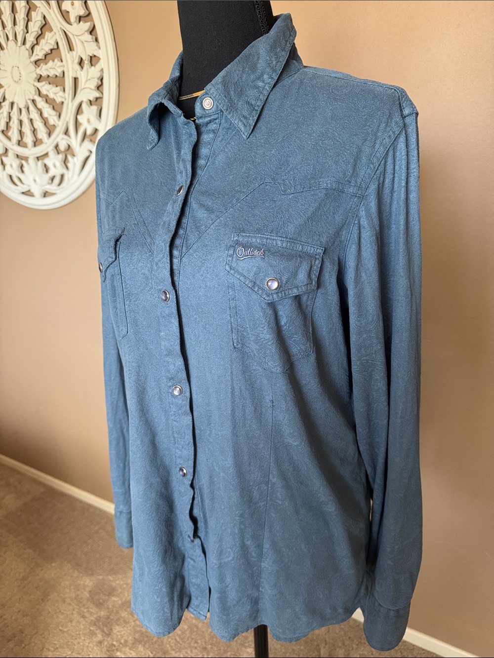 Outback Blue Paisley Print Button-Down Long Sleeve Shirt for Women